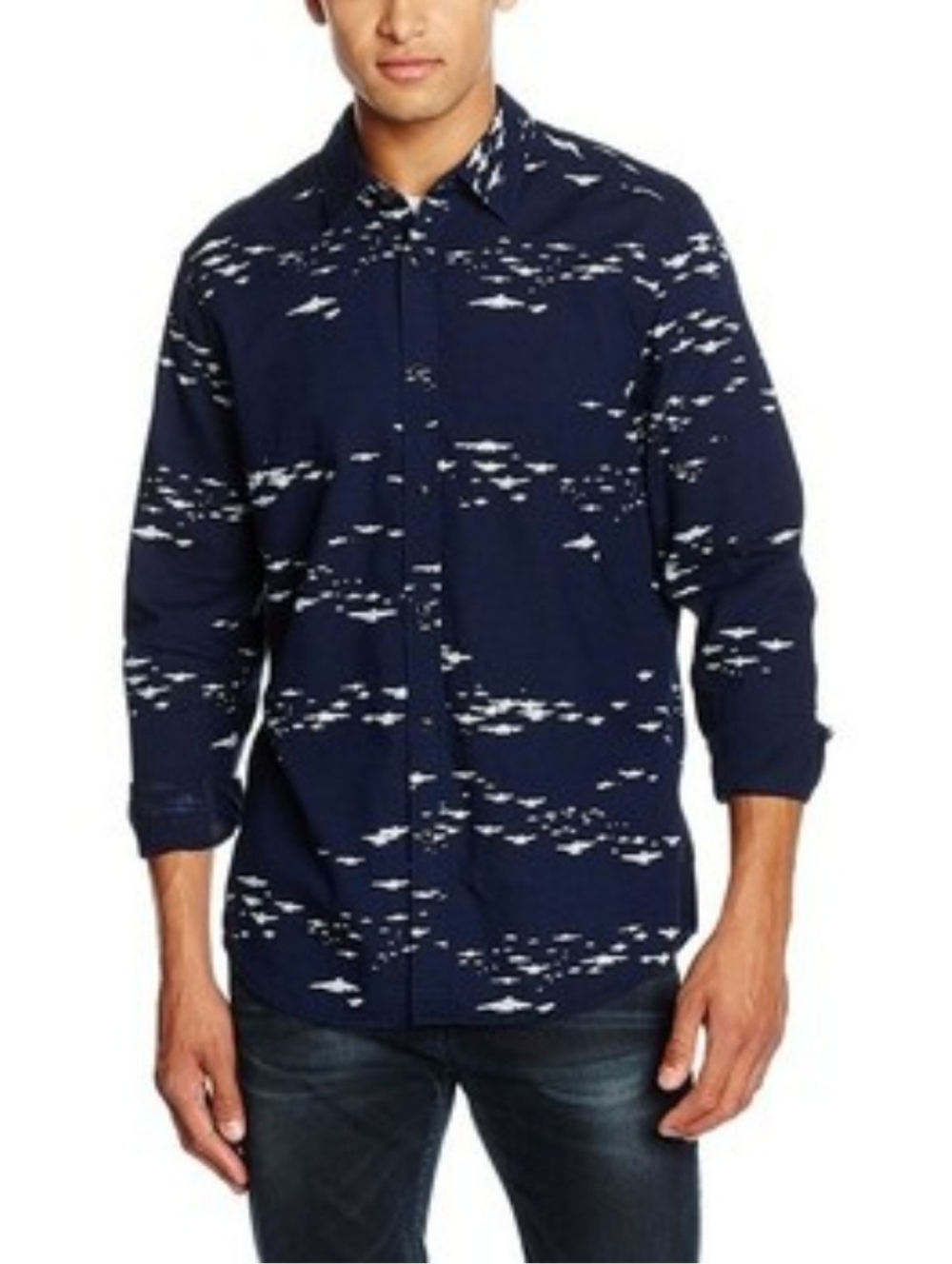 G-Star Raw Dark Blue Denim Cotton Shirt with Light Gray Abstract Print Sz M
